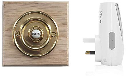Byron Wireless Plug in Doorbell Kit with Period Style Brass Bell Push on a 110mm Square Natural/Unvarnished Oak Plinth