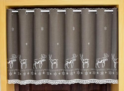 HeichkelL Scheibengardine Kurzstores 1 Stück Gardine für Küche Stangendurchzug Blickdicht Bistrogardine Elch-Muster Kaffee Höhe×Breite 45×150cm