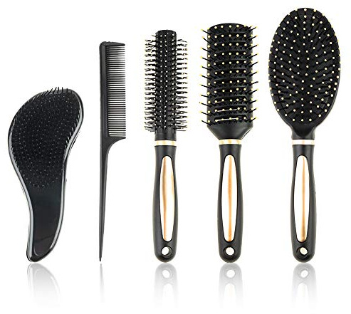 5 Pieces Hair Brush Set Detangling Brush Paddle Brush Round Hair Brush Tail Comb Wet Dry Brush for Women Men Hair Styling (Black)