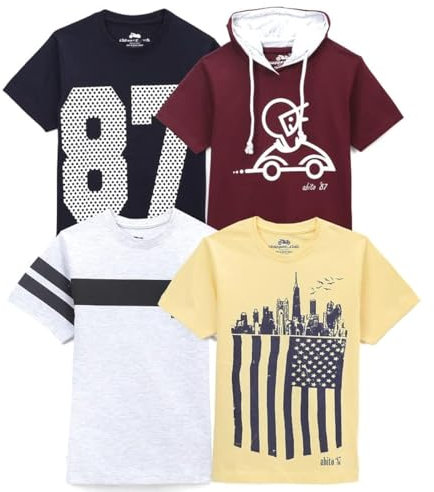 chopper club Boys T Shirts Cotton Pack of 4 Tshirts Printed Tees (Ecru Lemon Navy Maroon,10-11 Years-Chest 32)