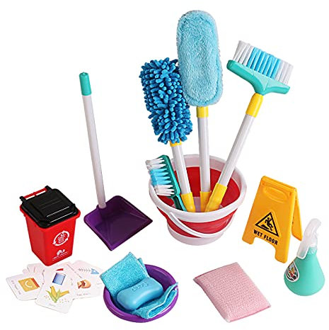 deAO Set de Nettoyage avec Tous Les Produits ménagers nécessaires pour Faire Briller la Maison – Un Balai, Un Seau, du Savon, Une Poubelle, Une Pelle à balayette et Bien Plus Encore