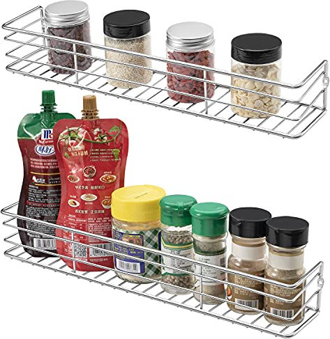 QIWODE Porte Epices Mural Cuisine, Etagere a Epices Murale, Etagere Epices Cuisine Montages Adhesif ou Percage, 8,0P x 40,0l x 6,0H cm, Métal, Argent (Paquet de 2)