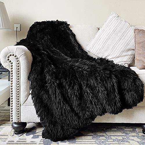 JONIYEAR Extra 7.1 cm langes Haar, Flauschige Kunstfell-Überwurfdecke, 127x152.4 cm, luxuriös, weich, dekorativ, flauschig, pelzige Decke für Couch, niedliche schöne Decke für Plüsch et, Schwarz