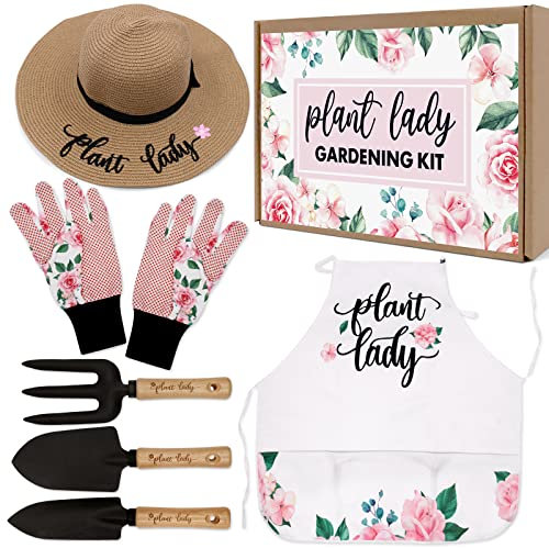 Plant Lady Gartenwerkzeug-Set mit Pflanzwerkzeugen, Strohhut, Blumenschürze, Handschuh, Frauen, Geburtstagsgeschenk, Korb für Sie, Mutter, Tante, Großmutter, Gartenbau, Starterset mit 6 Stück