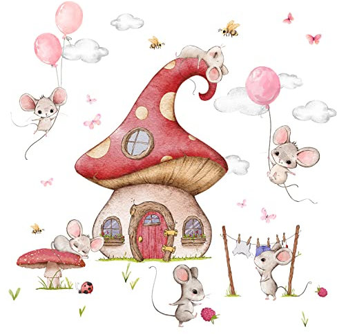 Little Deco Wandsticker Wandtattoo Kinderzimmer Mädchen Mäuse mit Ballons Wandaufkleber Wandbild Mädchenzimmer Pilz Haus Rosa Bienen Wanddeko Schmetterlinge DL740-2