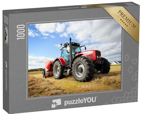 puzzleYOU: Puzzle 1000 Teile „Großer Traktor sammelt Heuhaufen auf dem Feld an einem sonnigen Tag“ – aus der Puzzle-Kollektion Traktoren