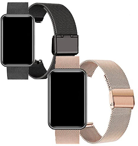 BrynnShop Kompatibel mit Huawei Watch Fit Armband Metall Ersatzarmband Edelstahl Schnellspanner Uhrenarmband für Huawei Watch Fit Elegant Mesh Gewebte Metallarmband (Schwarz+Roségold,Watch fit)