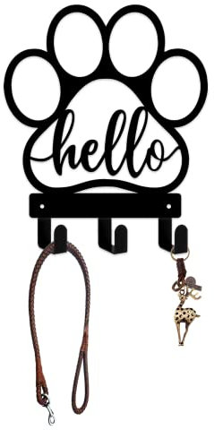 Wall-Mounted Leash Organizer with 'Hello' Sign, Paw-Shaped Hook for Entryway, Storage for Dog Leash, Keys & Accessories - Black
