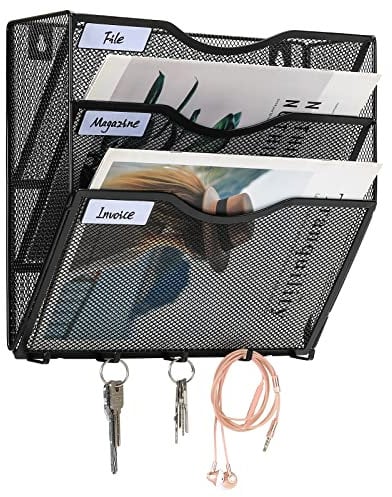 EasyPAG 3 Fächer Metall A4 Zeitschriften Wandhalter Zeitschriftenhalter Wand Aktenablage Dokumentenhalter Magazin Wandhalterung Post Organizer Prospektspender Flyerhalter Hängend mit 5 Haken,Schwarz