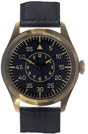 MWC Klassische 46 mm Luftwaffe Pattern Automatik Stahl Schwarz Bronze Leder Militär Pilot Herrenuhr, Schwarz , Armband