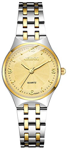 JewelryWe Damenuhr Quarz Analog Partner Freundschafts Armbanduhr Einfache Damen Uhr mit Gold Silber Edelstahl Armband und goldem Zifferblatt, Valentinstag Pärchen Geschenk für Frauen Mädchen