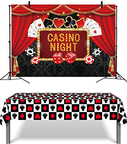 Dekorationen für Casino-Themenpartys – enthalten Casino-Hintergrund und Poker-Tischdecke, Las Vegas-Thema, Spielabend, Fotografiehintergrund für Casino-Geburtstagspartys