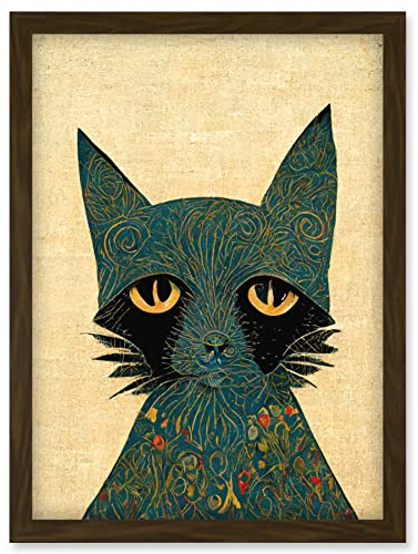 Doppelganger33 LTD William Morris Style Floral Blue Cat Artwork Framed Wall Art Print A4
