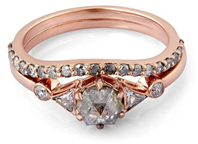 Verlobungsring, sechseckig, Salz- und Pfefferstreuer, Roségold-Finish, 925er Sterlingsilber, Metall Metall Stein, Salz- und Pfefferdiamant