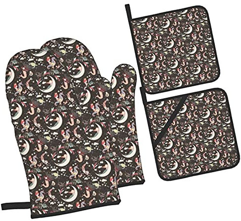 Ofenhandschuhe und Topflappen-Sets mit 4 Stück, widerstandsfähige Hot Pads mit rutschfestem Polyester-Grill-Meerjungfrau-Schlaflied, Schwarze Mikro-Leinenhandschuhe für Küche, Kochen, Backen, Grillen