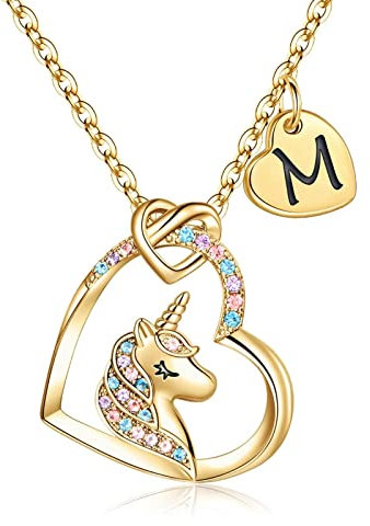 TINGN Einhorn Geschenke für Mädchen, 14K Vergoldet Gold Einhorn Halskette Mädchen Schmuck Einhorn Kette mit Buchstaben M Kette Mädchen Geburtstags Geschenke für Mädchen 5 6 7 8 Jahre Einhorn Geschenke