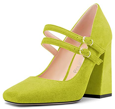 NobleOnly Mujer Chunky Ancho Alto High Heel Cuadrada Punta Pumps Mary Jane Cierre con Hebilla Fiesta Dress Zapatos Verde Lima 38 EU