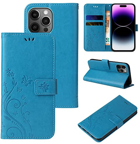 LBH Funda para Apple iPhone 14 Pro Max, diseño de mariposas, flores, función atril, magnética, protección completa de 360 grados, color azul