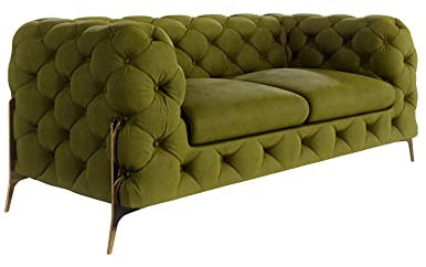 S-Style Möbel Milton Chesterfield Sofa 2-Sitzer 2er Couch Wohnzimmer Möbel Freistehend mit Metallfüßen 185x100x73 cm Olivengrün