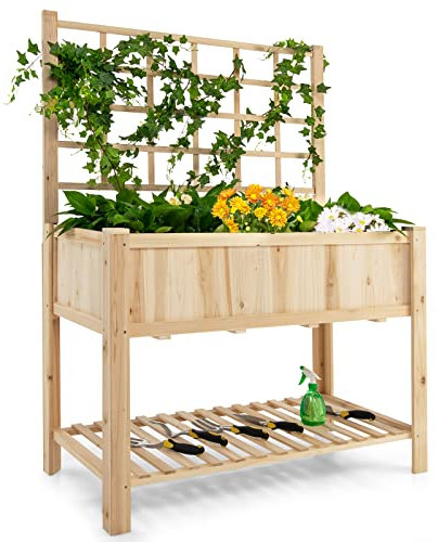 COSTWAY Raised Garden Bed with Trellis, Wooden Elevated Planter Box with Wheels, Black Liner & Storage Shelf, Vegetable Flower Grow Box for Backyard Patio (119x58x159cm, without Wheels & Top Shelf)