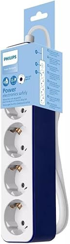 Philips CHP2145U Steckdosenleiste mit 4 Steckdosen, Stromversorgungsverriegelung, 1.500 W, geflochtenes Netzkabel, 1,5 m, hohe Widerstandsfähigkeit, Sicherheitsverschluss (LED-Anzeige) – Weiß/Blau