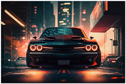 Printonia Leinwand-bild 120x80cm Dodge Challenger Abstrakt Art Bilder Dekoration Wandbild Kunstdruck Sportwagen Automobil Deko