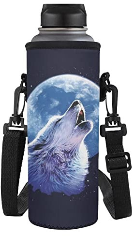 NETILGEN Water Bottle Holder Neoprene Pouch Glass Bottles Bag Thermos Cup Sleeve for Walking with Dog Cycling for Men Women Kids for Running Picnic Beach 24oz/750ml, Wolf Moon