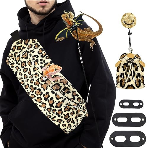 Dexspoeny Bartagamen-Leinen- und Geschirr-Set, Bartagamen-Zubehör (inklusive Brusttasche mit Leopardenmuster, Eidechsen-Kleidung und Leine, kleiner Strohhut), Bartdrachen-Dekor-Anzug für