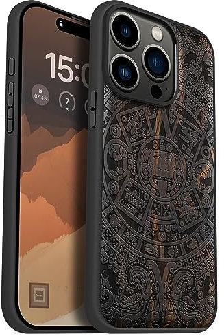 Carveit Custodia In Legno Compatibile MagSafe con iPhone 15 Pro Custodia, Magnetico Case avec Antiurto con Protezione Per 15 Pro Cover (Legno nero-Calendario Maya)