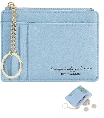 Sugeru Portemonnaie Damen Mini,Kleine PU Leder Geldbörse mit Reißverschluss,viele Fächer,Schlüsselanhänger,Zipper Portmonee mit 8Kartenfächern,Schmal Minimalistischer Kartenetui (Hellblau)