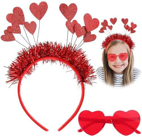Herz Stirnband, Herz Haarreif Rot, Pailletten Haarreif Herzen, mit 1 Herz Brille Rot, Amor Kostüm Damen, Stirnband Damen Herzen für Geburtstagshaarzubehör Valentinstag Party Geschenk