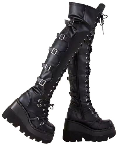 Stivali con plateau da donna invernali neri stivali gotici punk sopra il ginocchio stivali al ginocchio con zip stivali stringati stivali lunghi con tacco largo stivali invernali