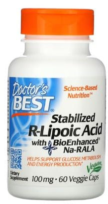 Doctor's Best Ácido R-Lipoico Estabilizado con BioEnhanced Na-RALA, 100mg - 60 Cápsulas vegetales