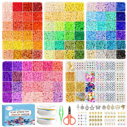 Fournine 18000 Pcs Clay Beads Bracelet Making Kit, 96 Colours 5 Boxes Flat Polymer Heishi Beads for Friendship Bracelet Jewellery Necklace Making Kit, DIY Crafts Gift for Teen Girls
