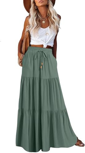 HAEOF Falda larga de verano para mujer, estilo bohemio, acampanada, con volantes, cintura alta, elástica, con bolsillos