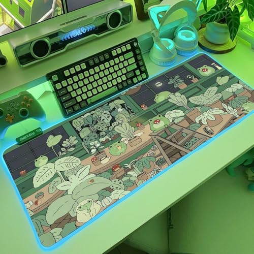 JMIYAV Green RGB Gaming Mouse Pad PC XL Large Extended Glowing Led Light Up Desk Pad Non-Slip Rubber Base Computer Keyboard and Mouse Pad Cool Cute Mousepad Mat 80 * 30cm Gfrog001