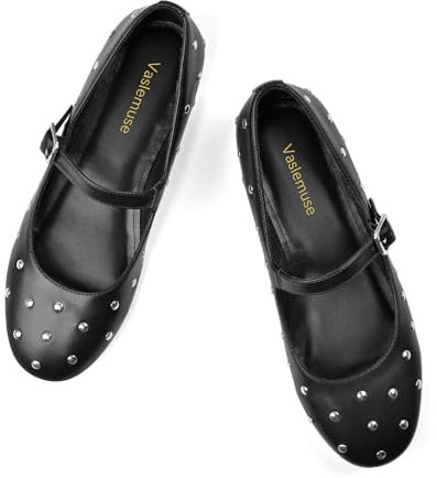 Vaslemuse Ballerinas mit Nieten für Damen, runde Zehenpartie, Schnalle, Riemen, Mary Jane, Schuhe, Alltag, Freizeit, Arbeit, Schwarz, 38.5 EU
