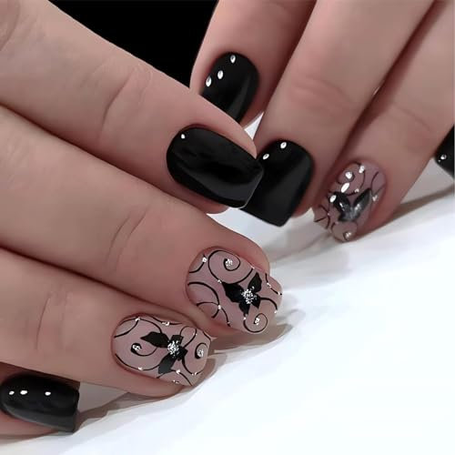 Irikdescia 24 pezzi French Press On Nails corti con farfalla, chiodi finti neri da incollare, motivo a viticci, quadrati lucidi.