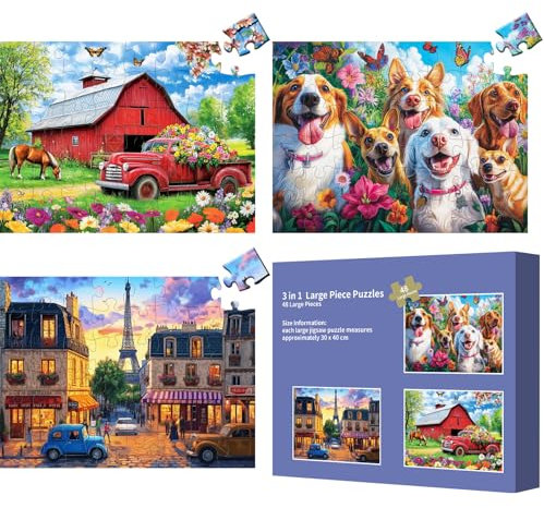 3 Pack 48 Large Piece Puzzles for Seniors, Dementia Alzheimer's Products Activities for Elderly Adults,Alzheimer’s Puzzle Memory Cognitive Games Easy Jigsaw Puzzle Gifts with 3 Storage Bags