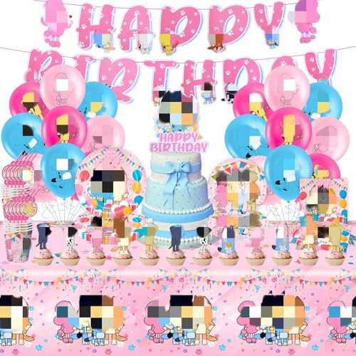 93 Stück Blue Dog Geburtstag Party Dekorationen Einschließlich Luftballons, Cake Toppers, Banner, Tischdecken, Teller, Stroh Becher und Servietten, Hund Dekorationen Kindergeburtstag für Mädchen