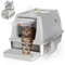 XXL Edelstahl Katzenklo mit Deckel, 180° Flip-Oben XXL Katzentoilette, Große Katzentoilette aus Edelstahl, Geschlossen Katzenklo Katzen WC, Auslaufsicher und Leicht zu Reinigen - Grau