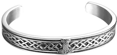 JewelryWe Wikinger Mjolnir Armreif Herren: Silber Edelstahl Nordisch Thors Hammer Offen Verstellbar Manschette Armband Armspange mit Keltischen Knoten Triquetra Vintage Amulett Schmuck Geschenk