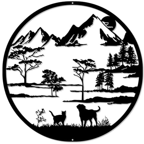 Berg und Wald Metall Wand Kunst, Hund und Katze Wand Dekoration Silhouette Kunst, Rustikale Wand Skulptur Hängen Home Decor für Garten Indoor Outdoor(19.7Inch)