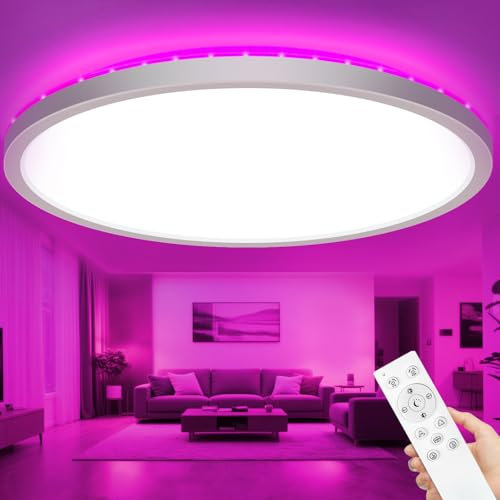 zemty LED Deckenleuchte Dimmbar 59CM, 50W 5040LM RGB Deckenlampe mit Fernbedienung, 3000K-6500K Badezimmer Lampe Wasserfest, Flach Badlampe Decke für Bad Kinderzimmer Schlafzimmer Wohnzimmer