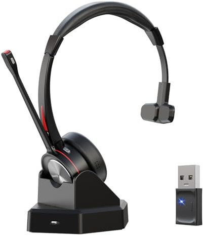Mairdi Headset mit Mikrophone, V5.2 Bluetooth Wireless Headset für PC, 40 Std Anrufzeit mit Ladestation und USB Dongle für Computer Laptop Büro CallCenter Teams