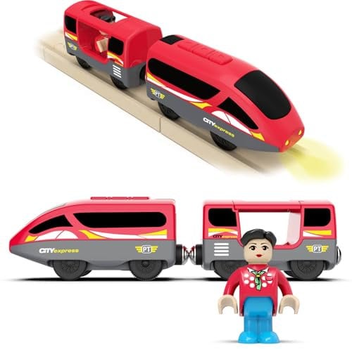 DxxD Trenino Elettrico per Bambini, Trenino Legno Giocattolo Bambini, Treno Intercity Suono e luce con Figure per Ferrovia, Locomotiva ad Azione a Batteria Compatibile con Thomas Brio, 3+ Anni, Rosso