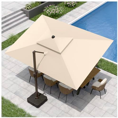 MURBONE Sonnenschirm 300 x 400 cm,Kurbel Doppeldach Quadratisch Gartenschirm,Groß Ampelschirm mit 360° Drehbar,Fußpedal und Kreuzsockel für Terrasse,Pool,Balkon Sonnenschutz, Beige