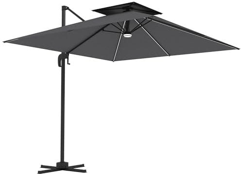 Outsunny 2.5m Cantilever Parasol with Solar Powered LED Lights, Double Top Square Overhanging Garden Parasol with 360° Rotation, Tilt Adjustment, Crank Handle, Dark Grey