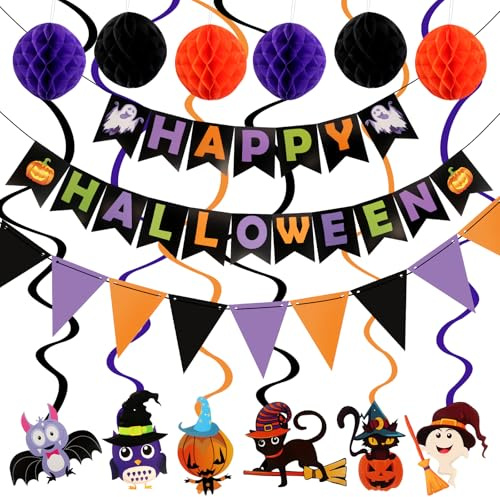 Halloween Party Deko Set Halloween Banner Set Girlande Wabenball Wimpelkette Swirl Streamers für Halloween Wohnaccessoires