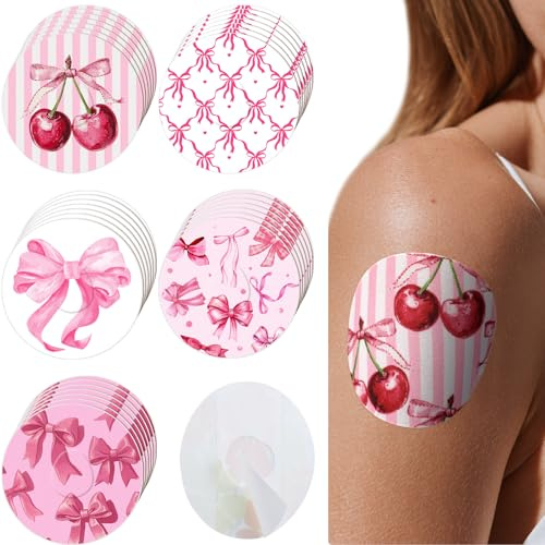 Geiserailie Lot de 30 patchs adhésifs compatibles avec Dexcom G7 Fleurs Prédécoupées Nœud Rose Pas de colle dans le couvercle du capteur central pour moniteur de glucose continu Fixation longue